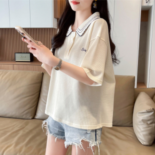 华夫格polo领上衣服 设计感小众娃娃领短袖 t恤女夏季 韩版 宽松大码