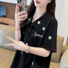 翻领polo衫短袖t恤女2025新款夏季韩版宽松大码女装重工刺绣上衣