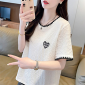 女装 设计感小众小个子短袖 宽松大码 韩版 撞色正肩上衣服 t恤女夏季