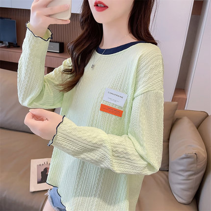 早秋长袖t恤女春秋季韩版宽松别致小众设计感小个子薄款撞色上衣