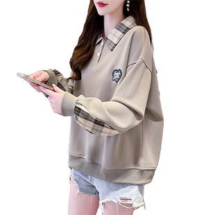 早春polo领卫衣女春秋韩版宽松大码薄款设计感小众假两件上衣外套