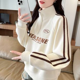 半高领卫衣女秋冬韩版宽松加绒加厚小个子保暖初中生百搭上衣外套