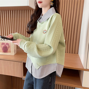 宽松薄款 春秋韩版 初中生假两件上衣外套 领卫衣女2025新款 早秋衬衫