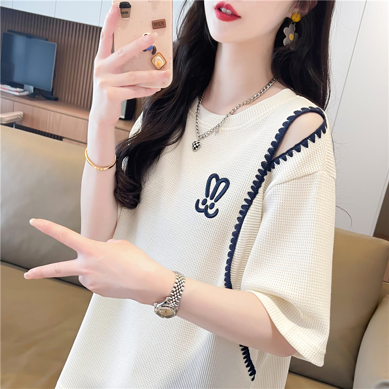 短袖t恤女大码女装薄款个性露肩