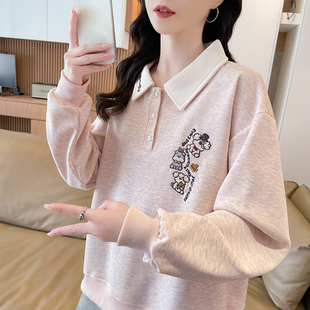 翻领polo衫卫衣女春秋韩版宽松学生百搭薄款初中生假两件上衣外套