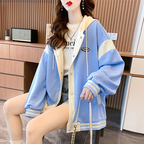 薄款宽松慵懒风拼色棒球服卫衣女