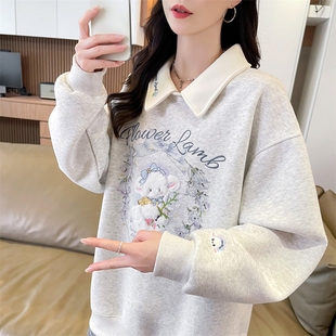 翻领polo衫卫衣女春秋韩版宽松大码学院风薄款初中生拼色上衣外套