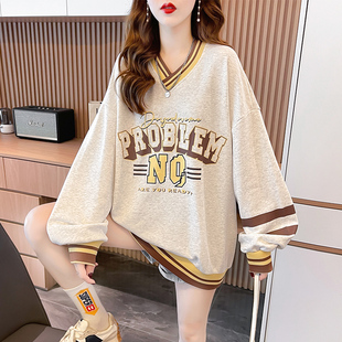 ins薄款 宽松大码 v领上衣服外套潮 韩版 早秋设计感小众卫衣女春秋季