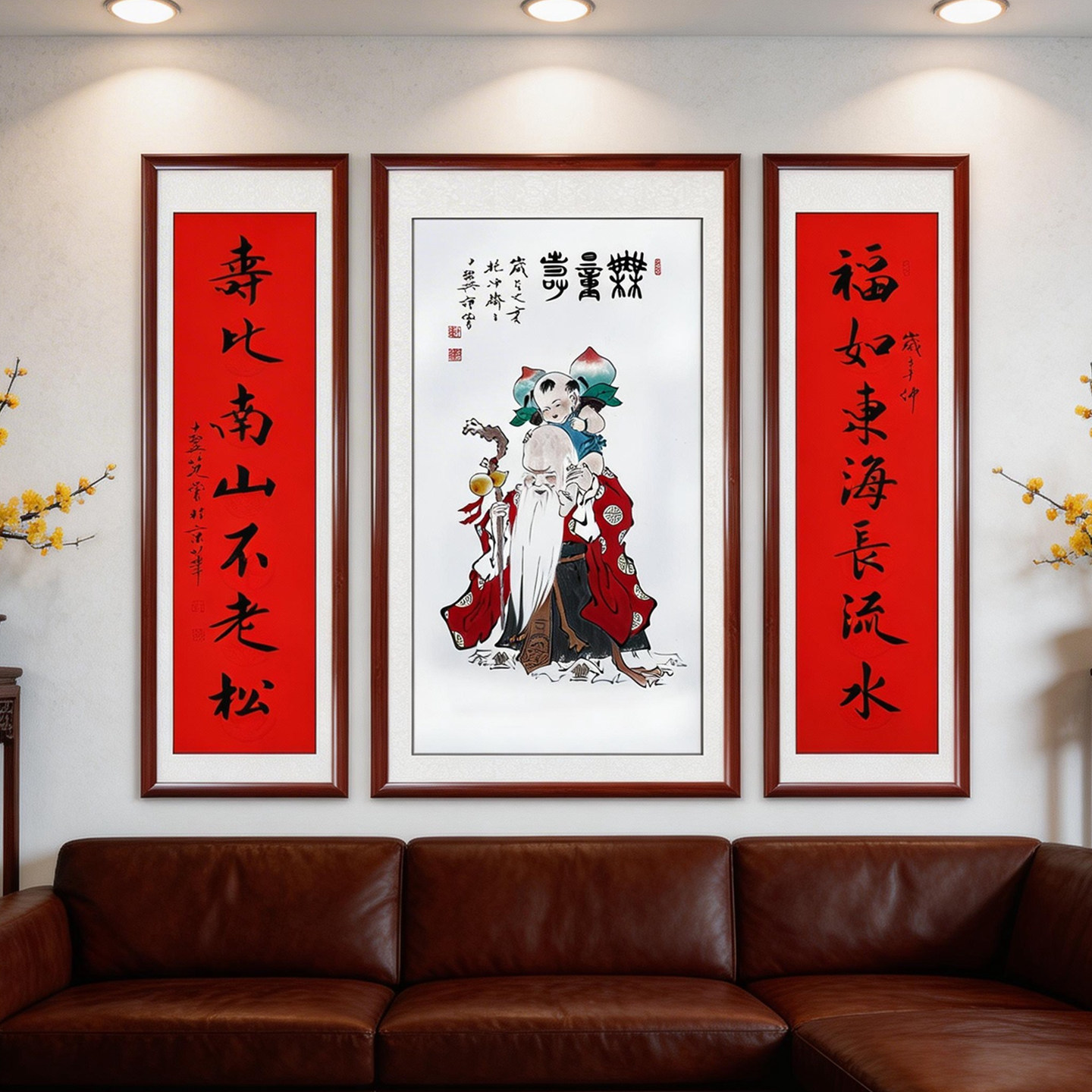 无量仙翁神福寿图三联画中堂挂画客厅沙发茶室中式装饰画带框成品