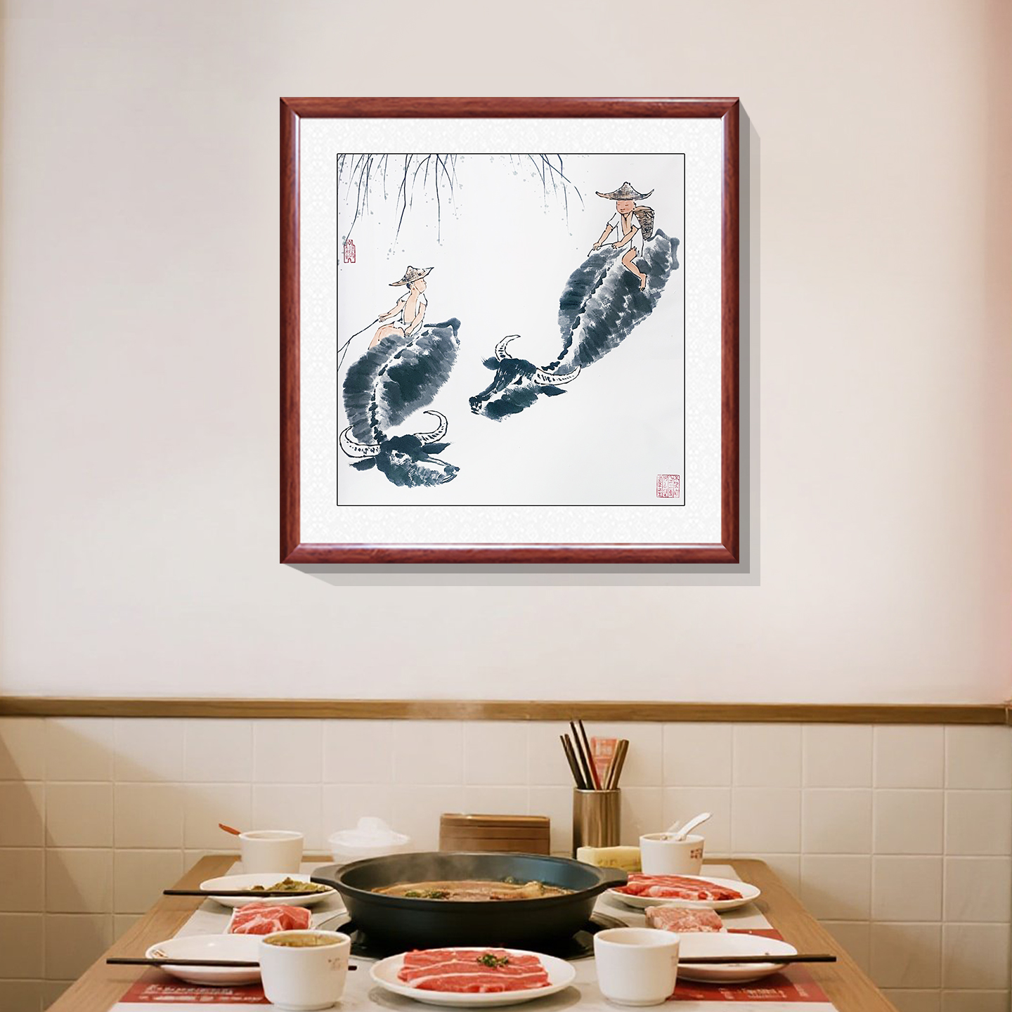 牧牛图手绘国画真迹客厅餐厅背景墙牛肉火锅店装饰画带框成品定制图片