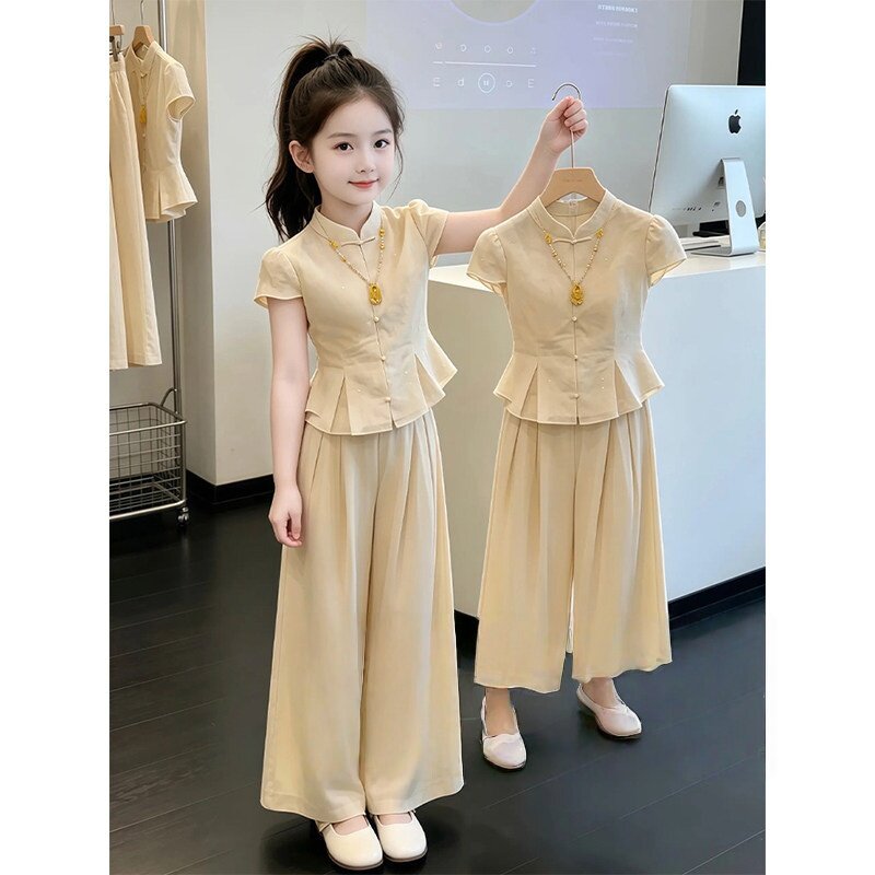 女童夏季国风套装2026新款洋气儿童黄色新中式女孩夏装汉服两件套