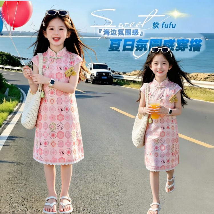 女童新中式飞袖碎花旗袍裙2026新款夏季国风盘扣连衣裙薄款公主裙