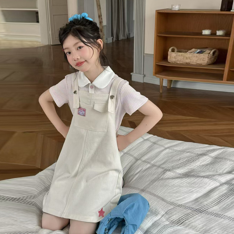 女童棉布背带短裙套装2026新款夏季小女孩polo衫短袖学院风两件套