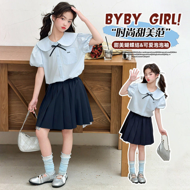 韩系学院风女童套装2026夏季新款儿童JK制服衬衫短袖百褶裙两件套