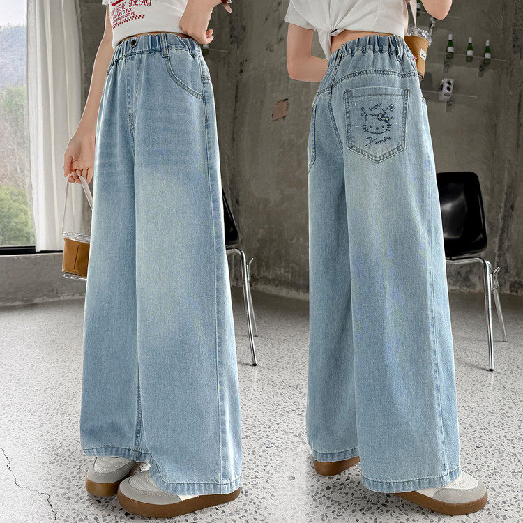 女童春秋牛仔裤宽松2026新款中大儿童阔腿直筒女孩初中生春装长裤