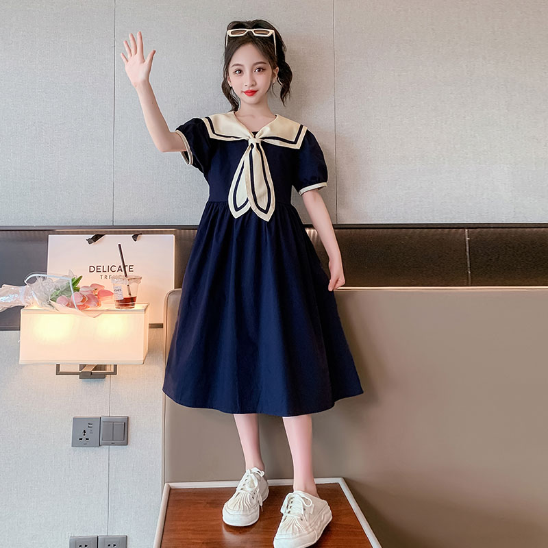 女大童夏装裙子2026新款洋气女孩学生学院海军风棉布薄长款连衣裙