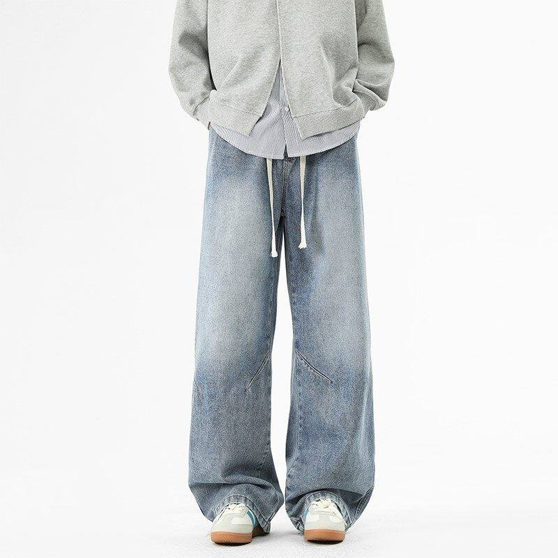 美式复古牛仔裤男款春季松紧腰直筒裤青少年美式宽松阔腿裤子男生