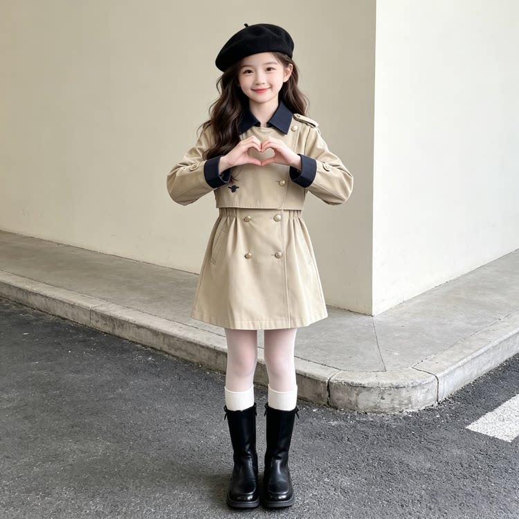 女童秋装套装2026新款儿童洋气时髦风衣女孩秋装英伦风裙子两件套