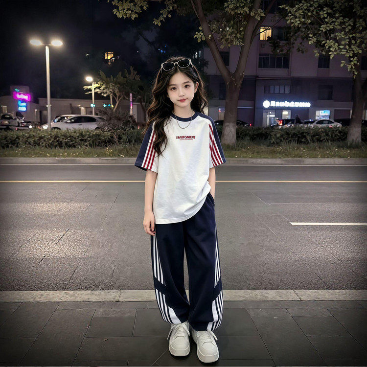 女童夏装短袖运动套装2026新款童装三条杠拼接T恤女大童休闲裤潮