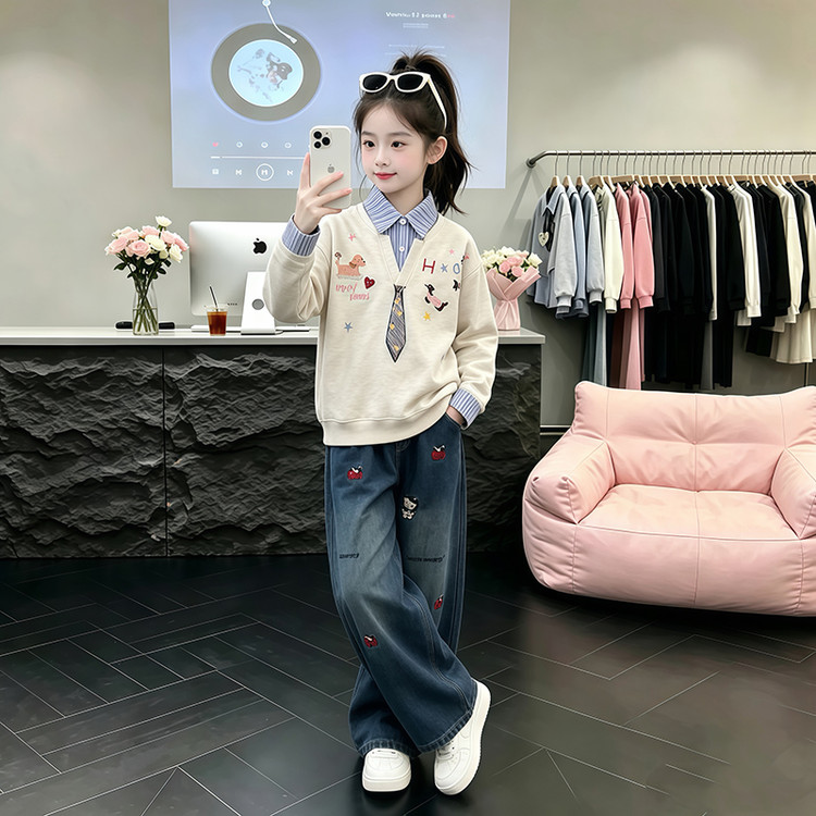 女童衬衫领假两件卫衣2026新款儿童牛仔裤套装女孩洋气春秋衣服潮