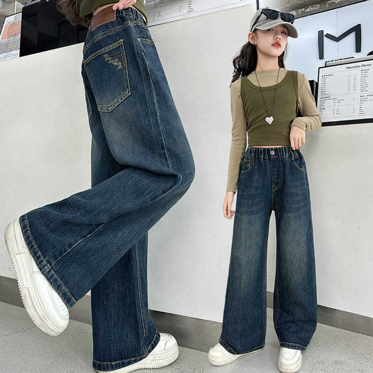 女童裤子2025秋季韩版中大童学生宽松直筒阔腿裤儿童春秋装牛仔裤