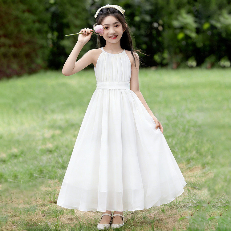 女童连衣裙夏季白色挂脖雪纺长裙2026新款洋气儿童公主裙女孩裙子