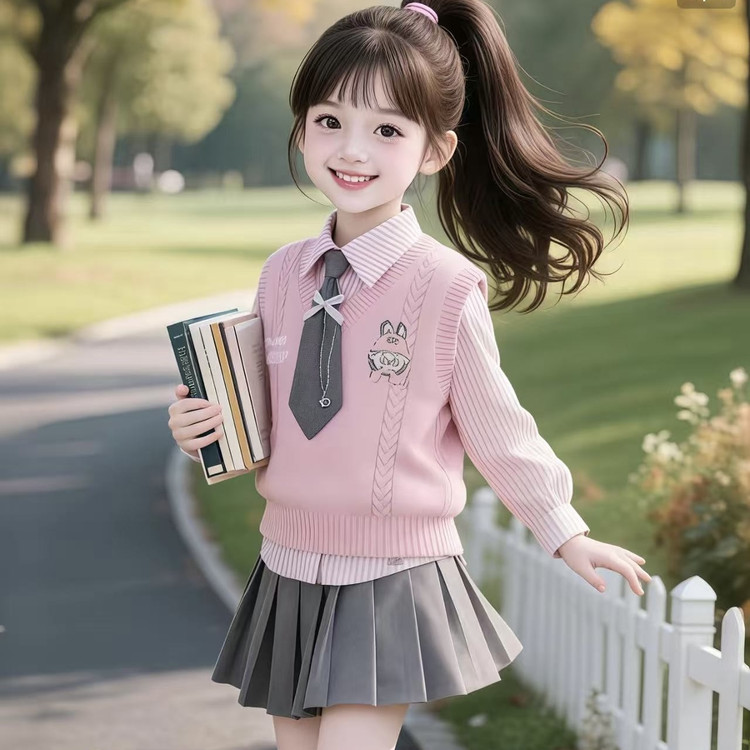 女童春秋季韩版学院风衬衫百褶裙套装2026新款女孩时尚洋气三件套