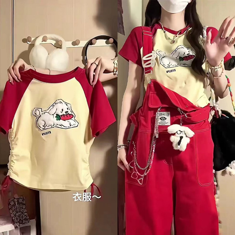 150小矮个子美式毛绒小狗t恤女夏季短款上衣多巴胺牛仔背带裤套装