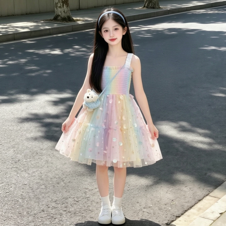 女童连衣裙夏季2024新款洋气公主裙儿童裙子宝宝吊带裙时尚表演裙
