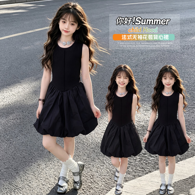 女童夏季甜美风蓬蓬裙大童黑色花苞裙子女孩夏季富家千金感背心裙