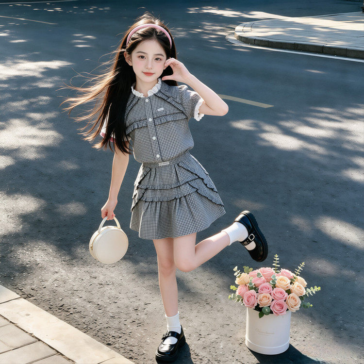 女童格子套装夏装2026新款儿童短袖衬衫多层蛋糕短裙学院风两件套