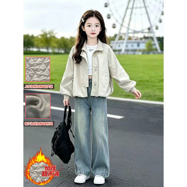 女童秋装2026新款韩系外套套装洋气时髦女孩衣服牛仔裤春秋中大童