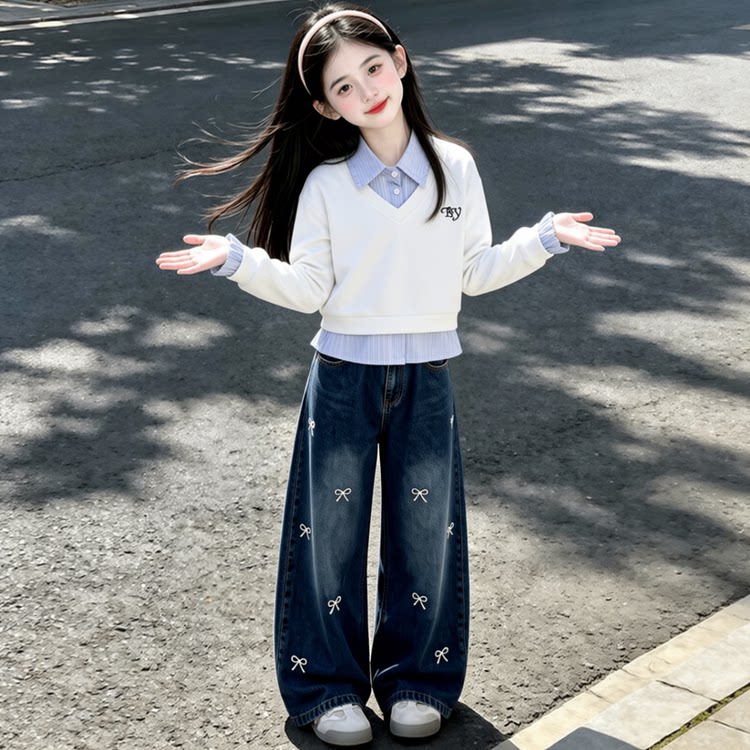女童春秋季巨好看独特漂亮小女孩POLO领假两件卫衣小熊牛仔裤套装