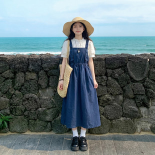 韩系学院风牛仔背带连衣裙女学生夏季新款白色立领短袖衬衫两件套