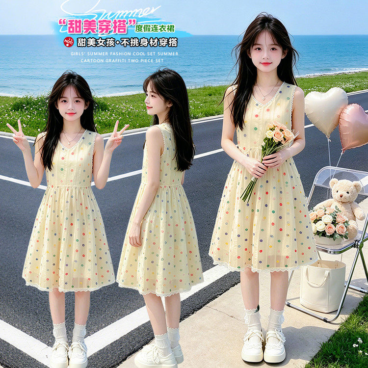 女童夏季无袖花边连衣裙2026新款儿童时尚水印圆点背心甜美沙滩裙