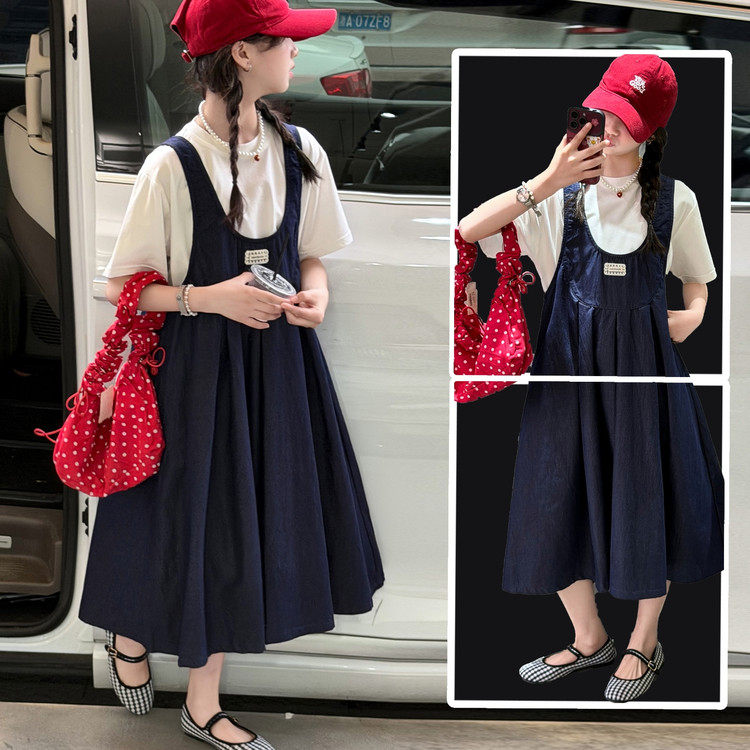 女童夏季背带连衣裙套装2026新款时髦韩系女大童儿童夏装牛仔裙子