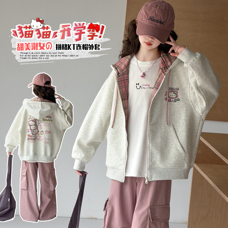 女童外套春秋2026新款大童小女孩连帽开衫休闲拉链卫衣外套儿童装