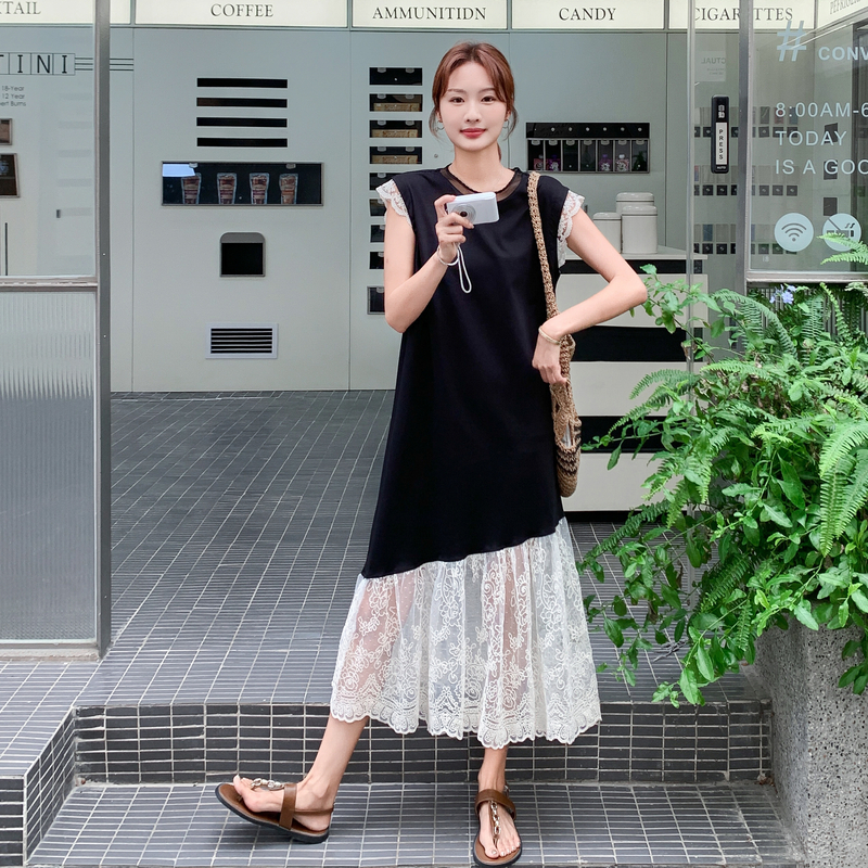 赫本风蕾丝花边撞色鱼尾连衣裙女夏季法式温柔系绝美俏皮减龄长裙
