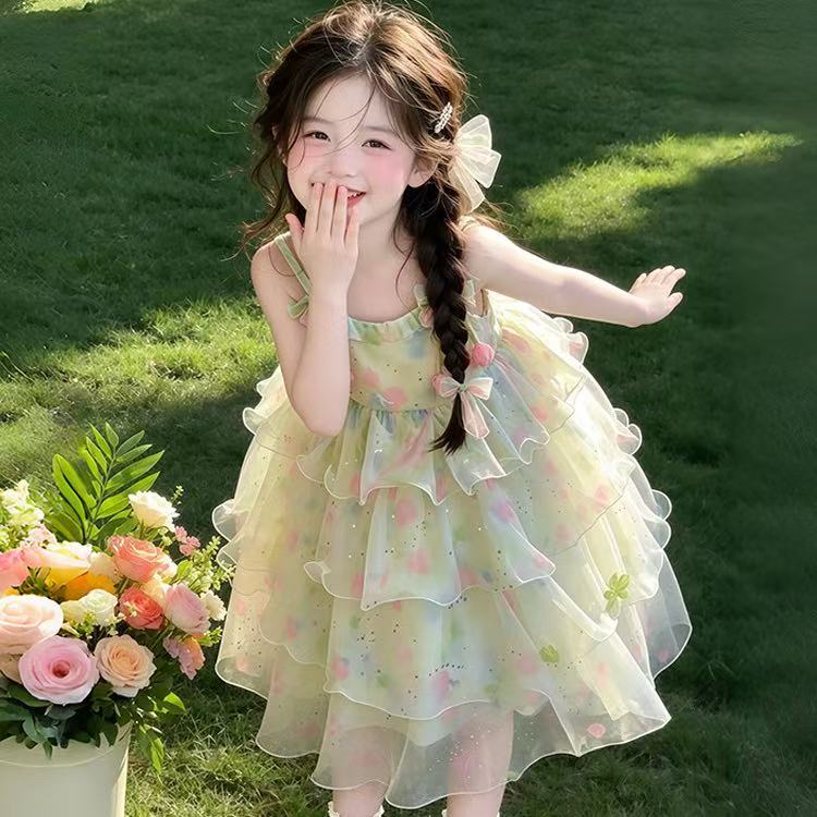 女童连衣裙2026夏季新款儿童甜美花朵公主裙女孩韩系网纱蛋糕裙