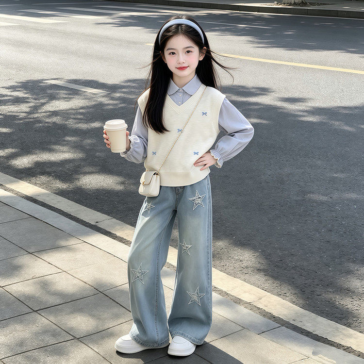 女童套装秋装2026新款儿童假两件衬衫上衣中大童秋冬牛仔裤两件套