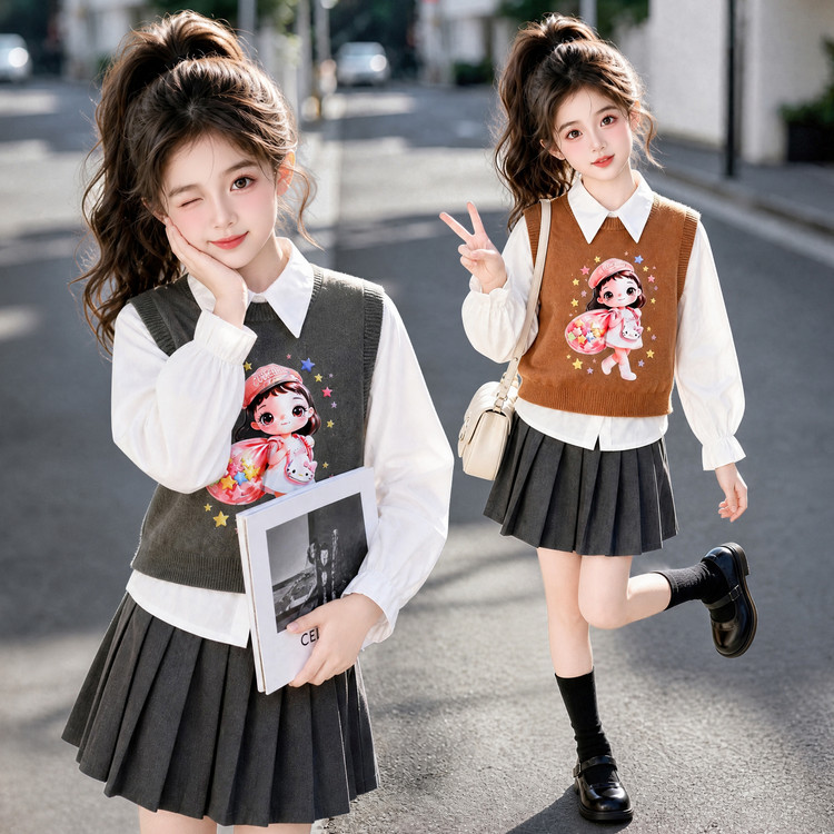 女孩衬衫马甲百褶裙套装2026新款春秋款大童针织毛衣学院风短裙