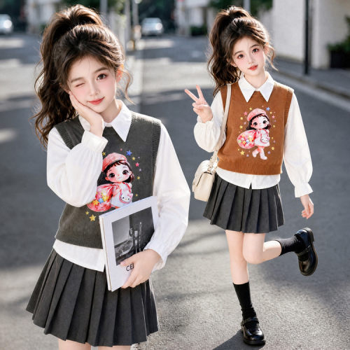 女孩衬衫马甲百褶裙套装2026新款春秋款大童针织毛衣学院风短裙