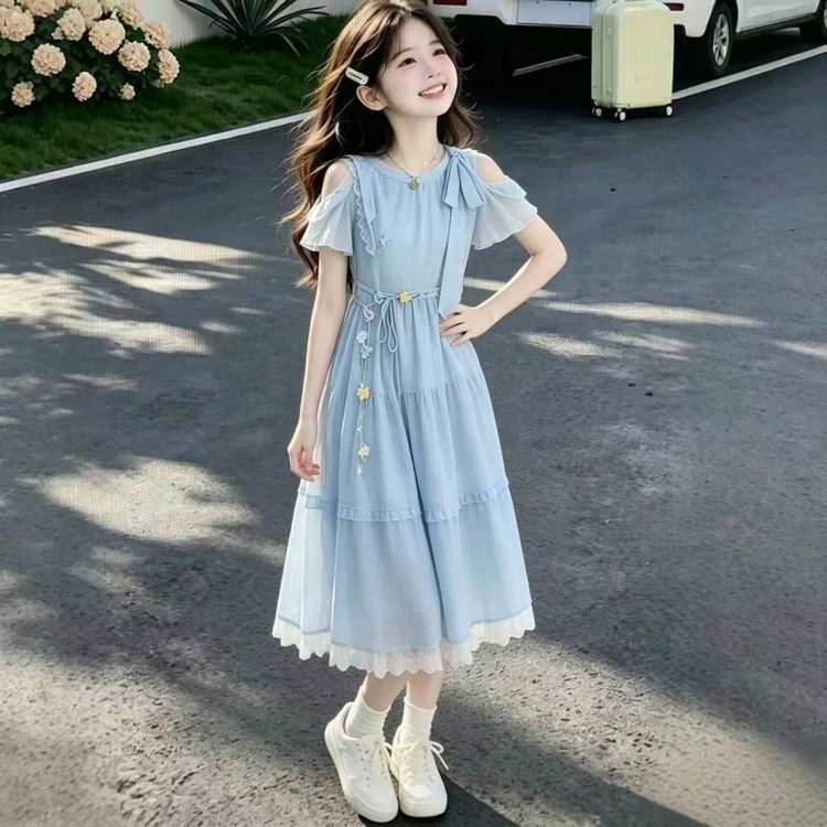 女童连衣裙夏装2026新款儿童甜美可爱花边蝴蝶结初中生露肩袖长裙
