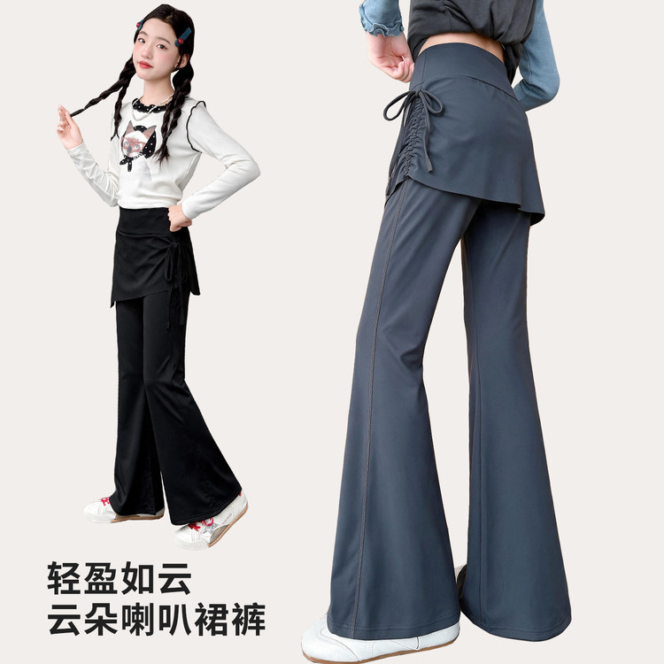儿童女童假两件屁帘抽褶瑜伽裤夏季中大童中腰学生运动舞蹈微喇裤