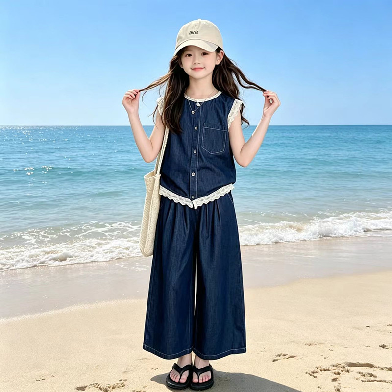 女童夏装牛仔套装2026新款中大童洋气蕾丝边无袖背心阔腿裤两件套