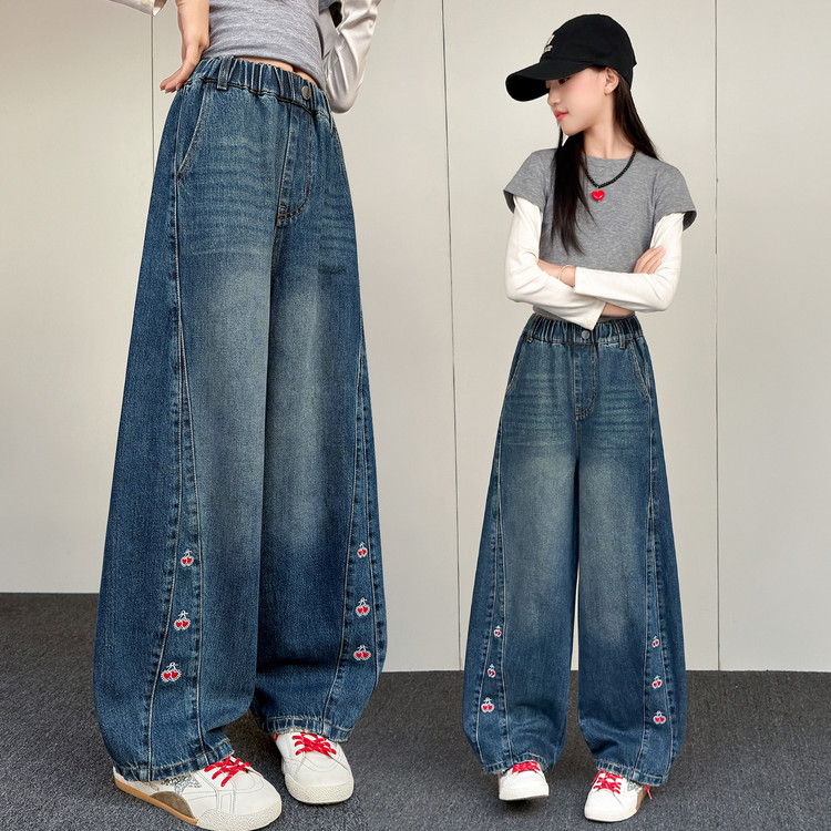 女童洋气刺绣拼接弯刀裤2026春秋天新款初中生宽松阔腿裤学生裤子