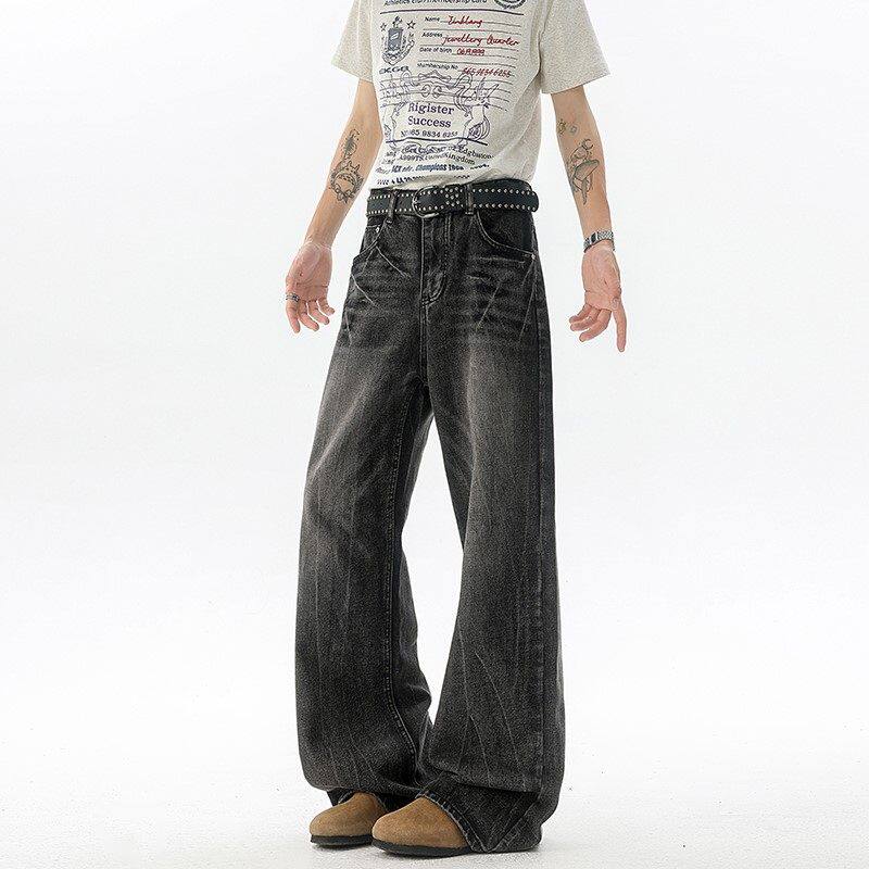 美式高街闪电纹微喇牛仔裤男女新款潮牌水洗宽松痞帅直筒阔腿裤子