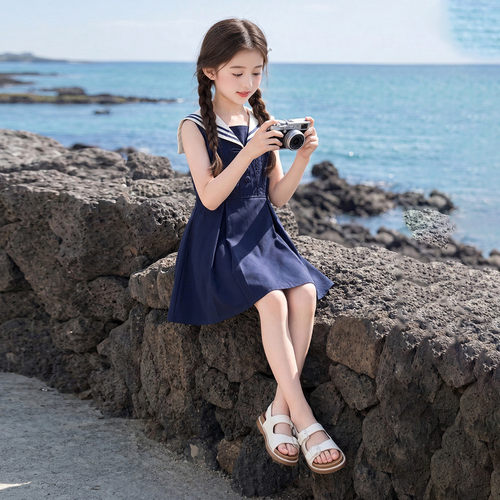 女童连衣裙夏2026新款儿童超好看学院风夏装女孩海军领棉布背心裙