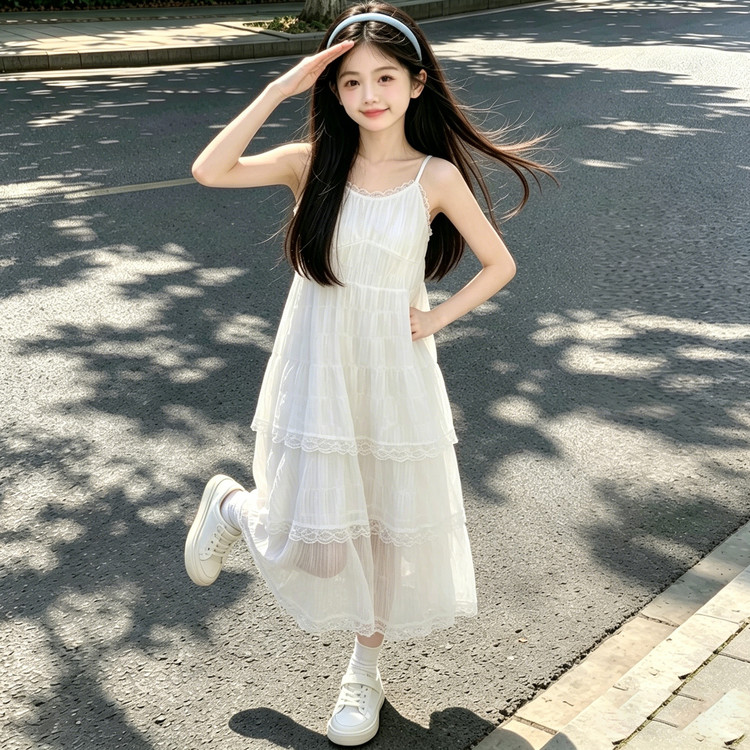女童夏季甜美可爱风白色吊带蕾丝连衣裙2026新款休闲运动风连衣裙