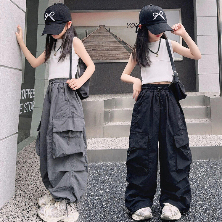 套装韩系女童工装裤薄款速干中大童街舞阔腿长裤儿童潮酷宽松长裤